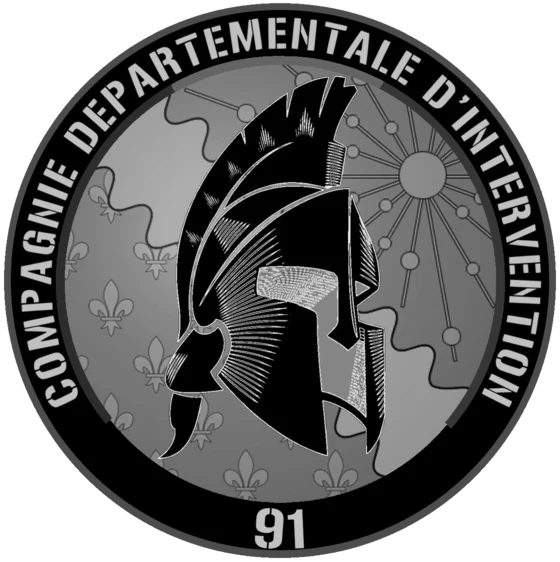 Emblème de la CDI 91 : casque spartiate de profil, entouré de l'inscription « Compagnie Départementale d'Intervention » et du nombre 91